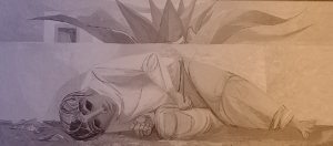 line drawing of a young boy, lying on his side in a resting position, eyes open